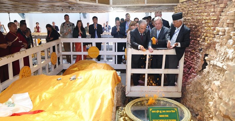 राष्ट्र सङ्घका महासचिव गुटेरेस लुम्बिनीमा, युद्धरत देशलाई शान्तिको बाटोमा लाग्न आग्रह